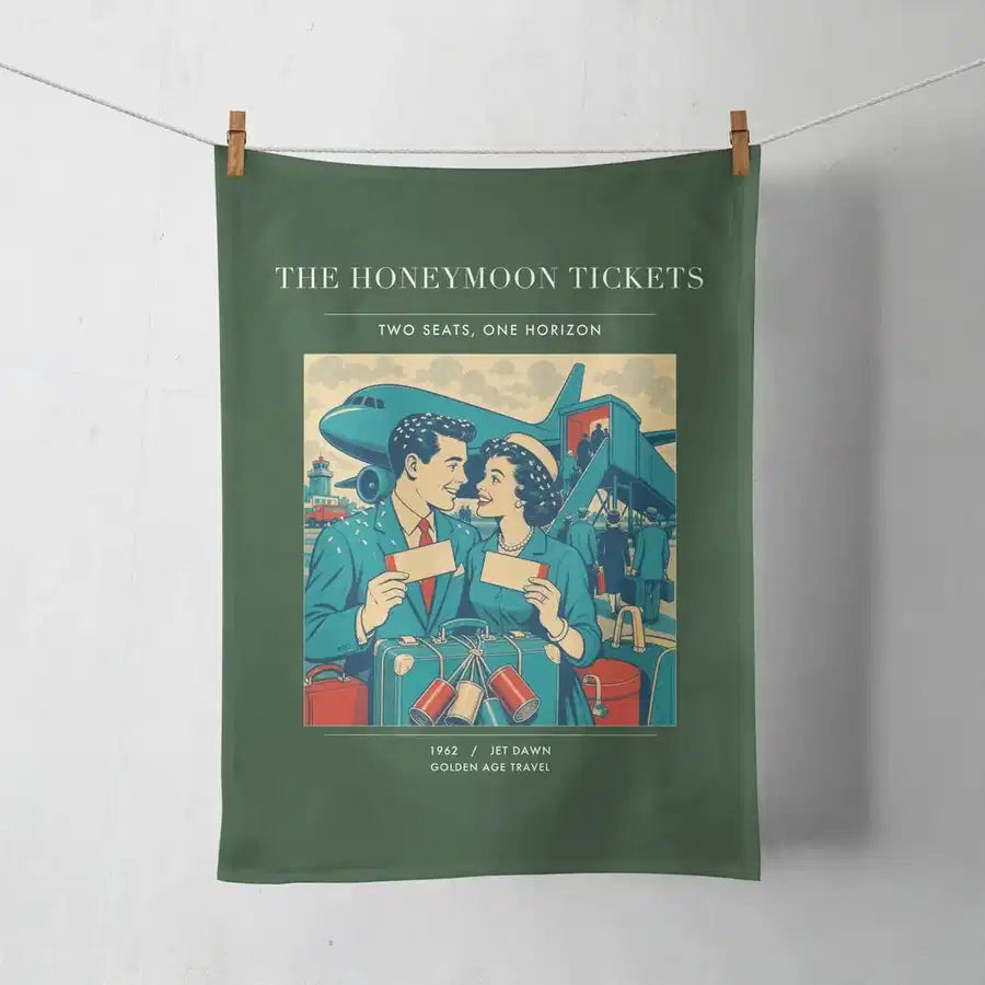 VINTAGE G4227 - The Honeymoon Tickets - Designed Towels design on darkgreen
