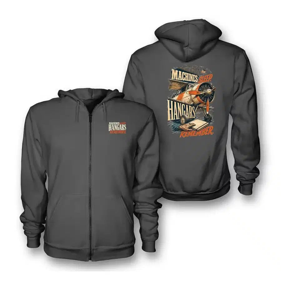 SIGNAL 653 - Machines Sleep. Hangars Remember. - Zipped Hoodie design on dark gray zipped hoodie