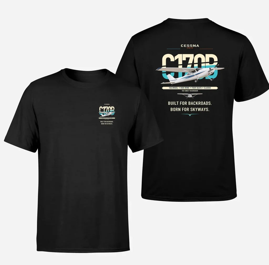 Cessna 170B design on black t-shirt, double-side print