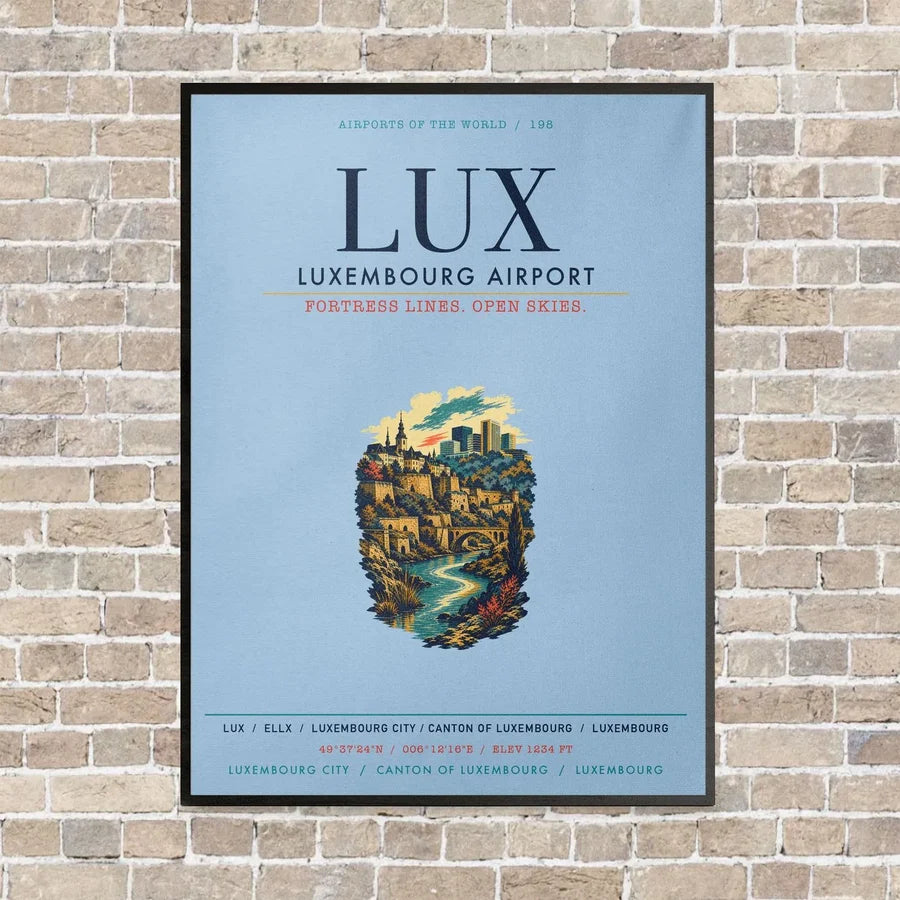 Luxembourg Airport LUX vertical canvas print - framed - light blue background