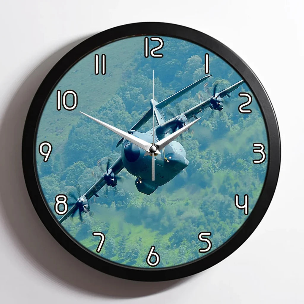 Cruising Airbus A400M aviation design on premium wood and metal wall clock.