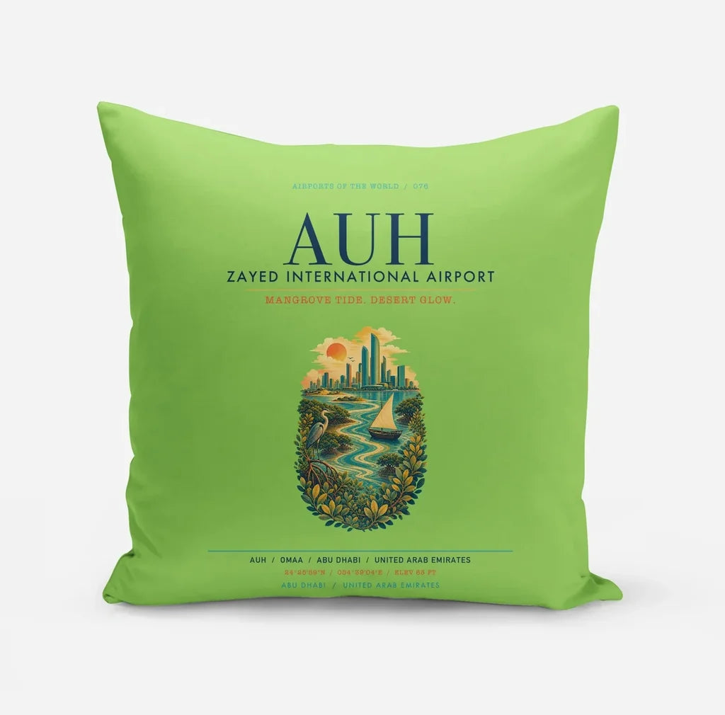 Abu Dhabi Zayed International Airport (AUH) design on light green pillow
