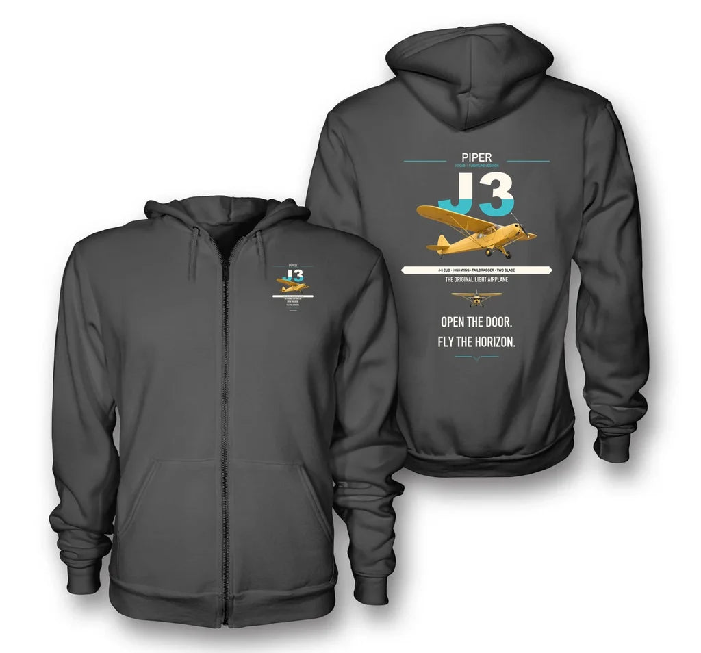 Piper J-3 Cub design on dark gray premium zipped hoodie, double-side print