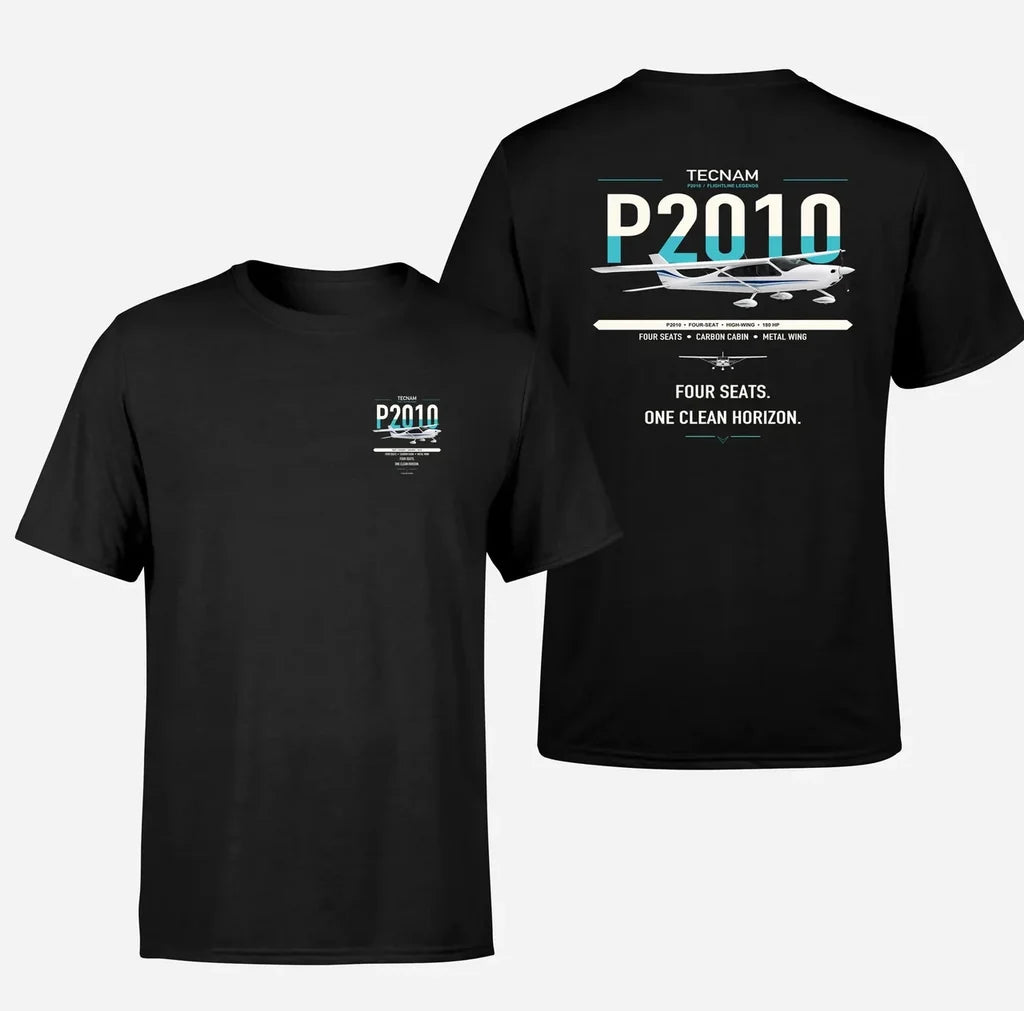 Tecnam P2010 design on black t-shirt, double-side print