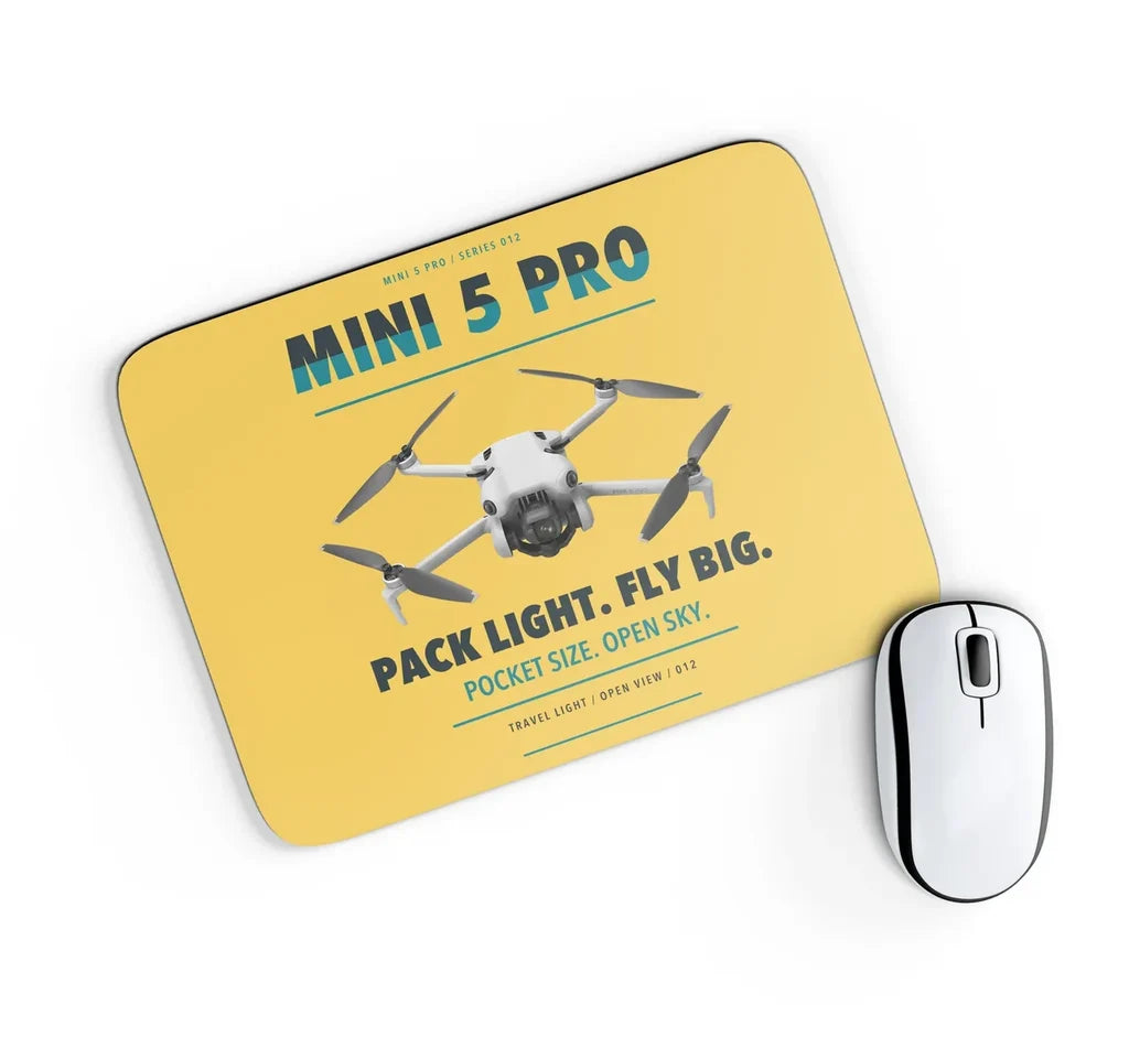 DJI Mini 5 Pro design on yellow rectangle mouse pad