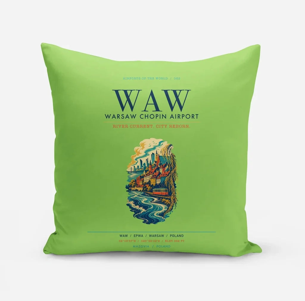 Warsaw Chopin Airport (WAW) design on light green pillow