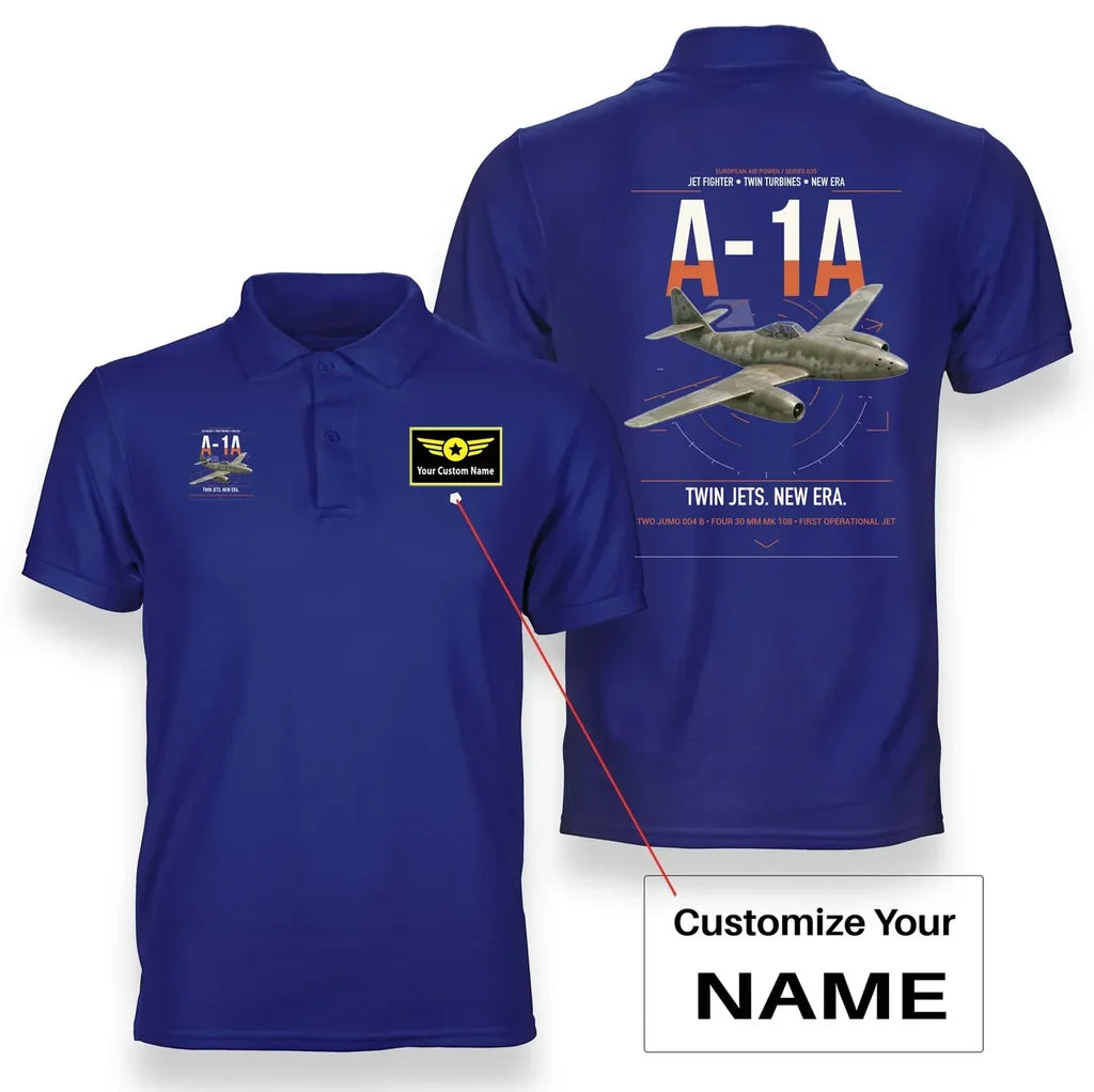 Messerschmitt Me 262A-1a design on blue+name double-side polo t-shirt, double-side print