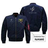 Thumbnail for StarFlyer Airlines aviation design with custom name embroidered on blue bomber jacket