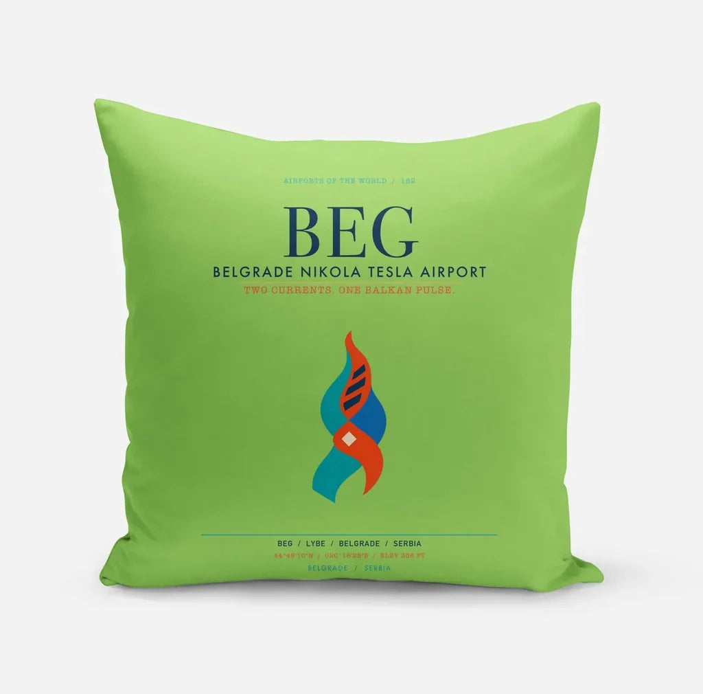 Belgrade Nikola Tesla Airport (BEG) design on light green pillow