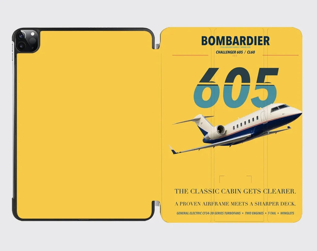 Bombardier Challenger 605 design on yellow ipad tablet case