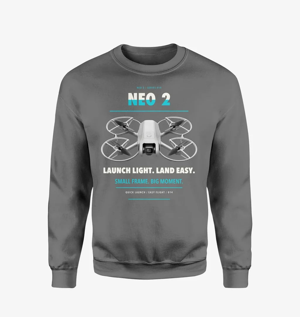 DJI Neo 2 design on gray sweatshirt