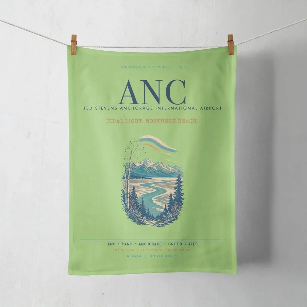 Ted Stevens Anchorage International Airport (ANC) design on light green towel