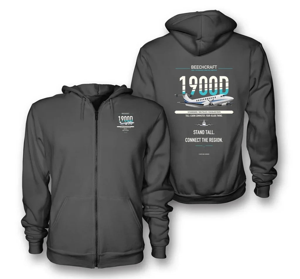 Beechcraft 1900D design on dark gray zipped hoodie