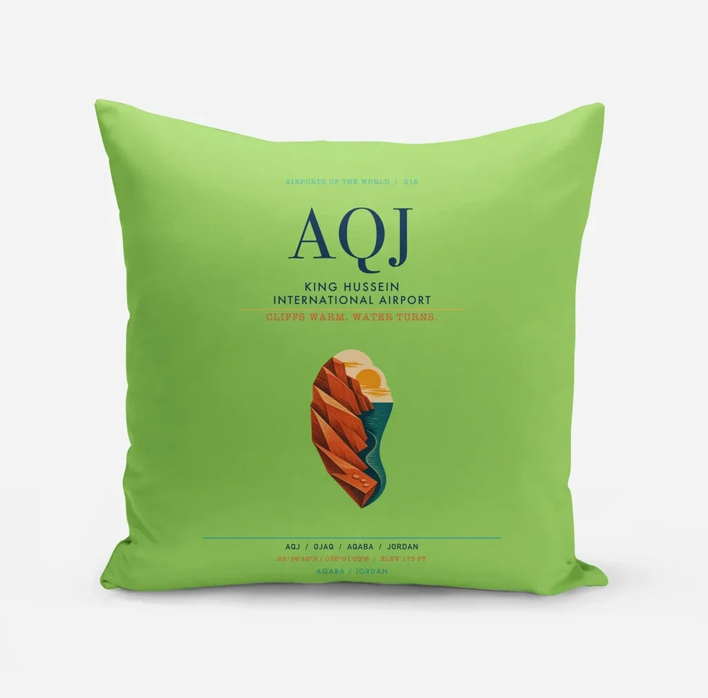 King Hussein International Airport (AQJ) design on light green pillow