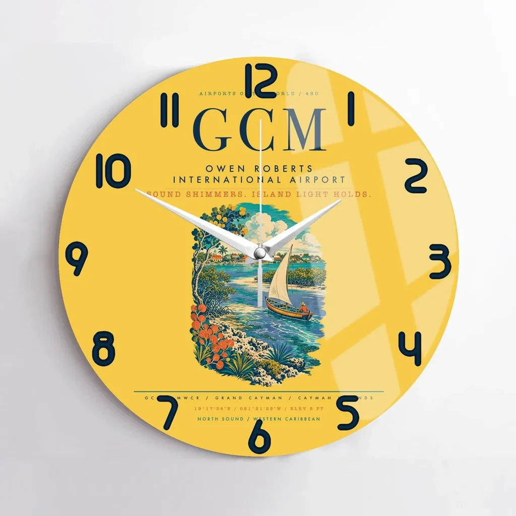 Owen Roberts International Airport (GCM) design on yellow no frame wall clock
