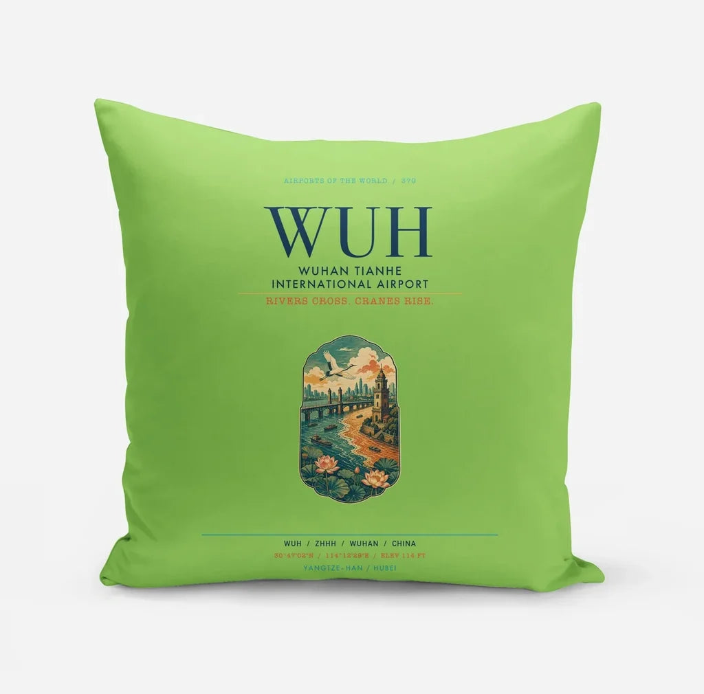 Wuhan Tianhe International Airport (WUH) design on light green pillow