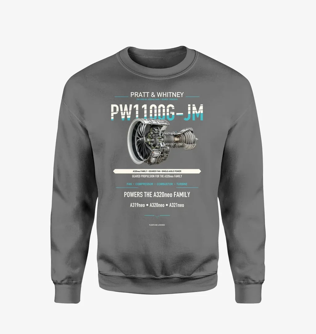 PW1100G-JM design on gray sweatshirt