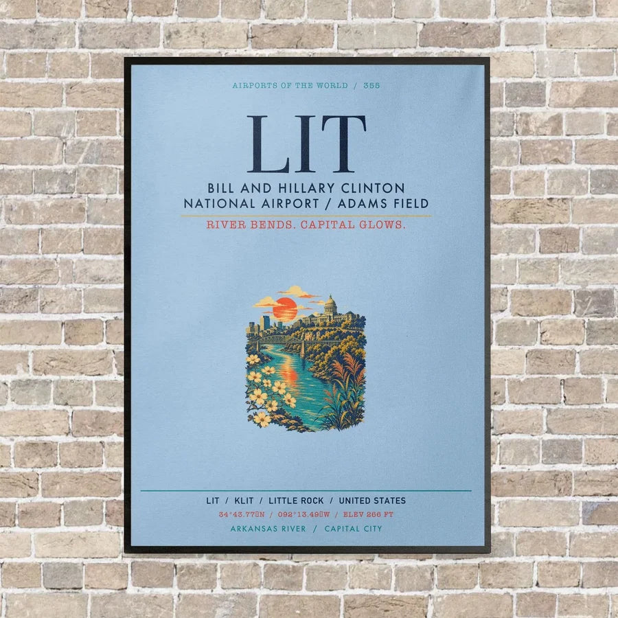 Bill and Hillary Clinton National Airport - Adams Field Little Rock LIT vertical canvas print - framed - light blue background
