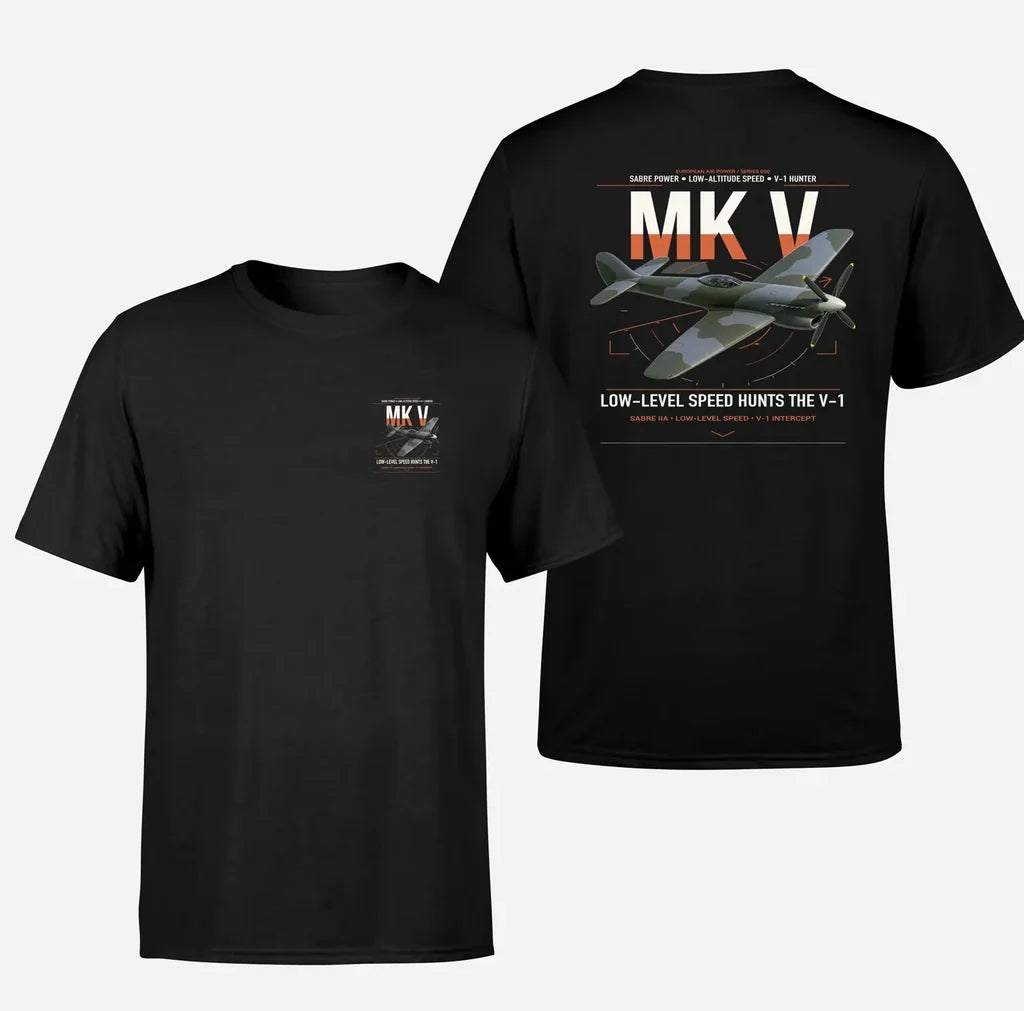 Hawker Tempest Mk V design on black t-shirt, double-side print