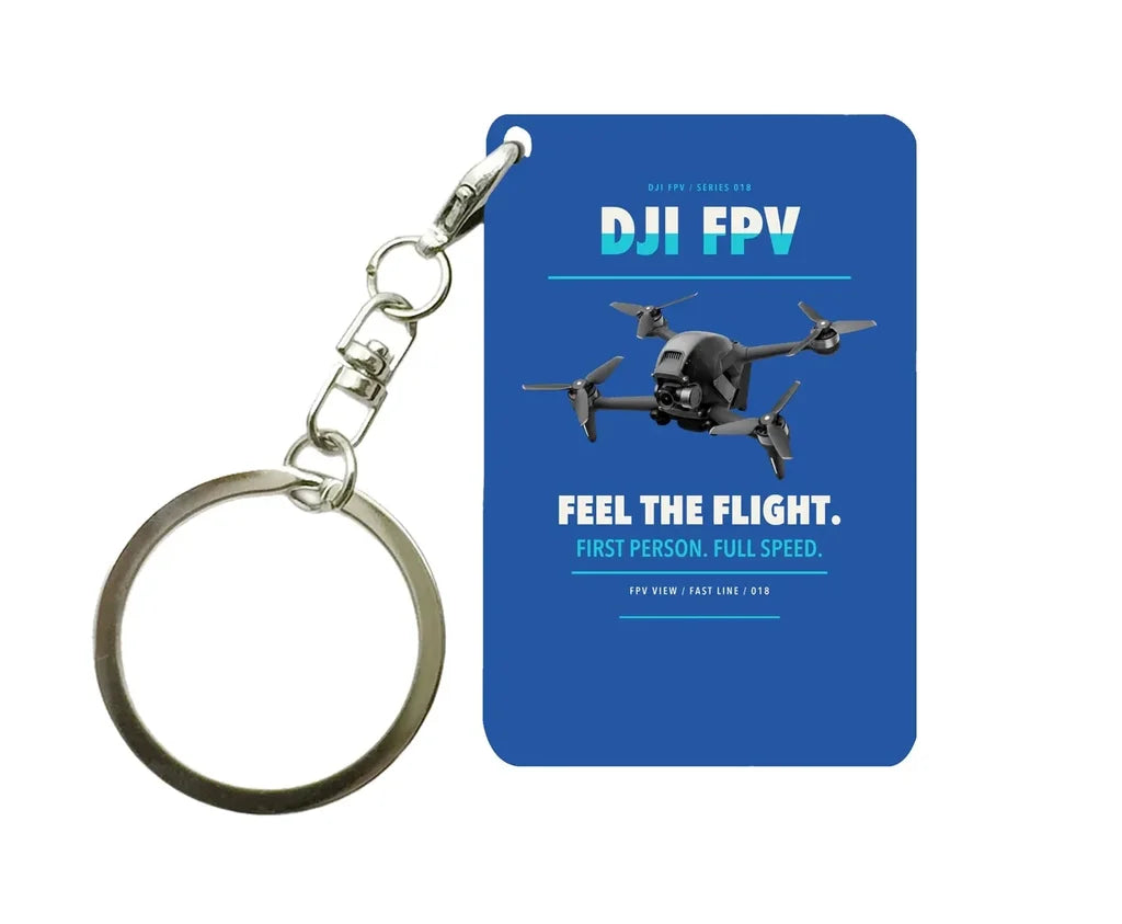 DJI FPV Key Chain design on blue key chain