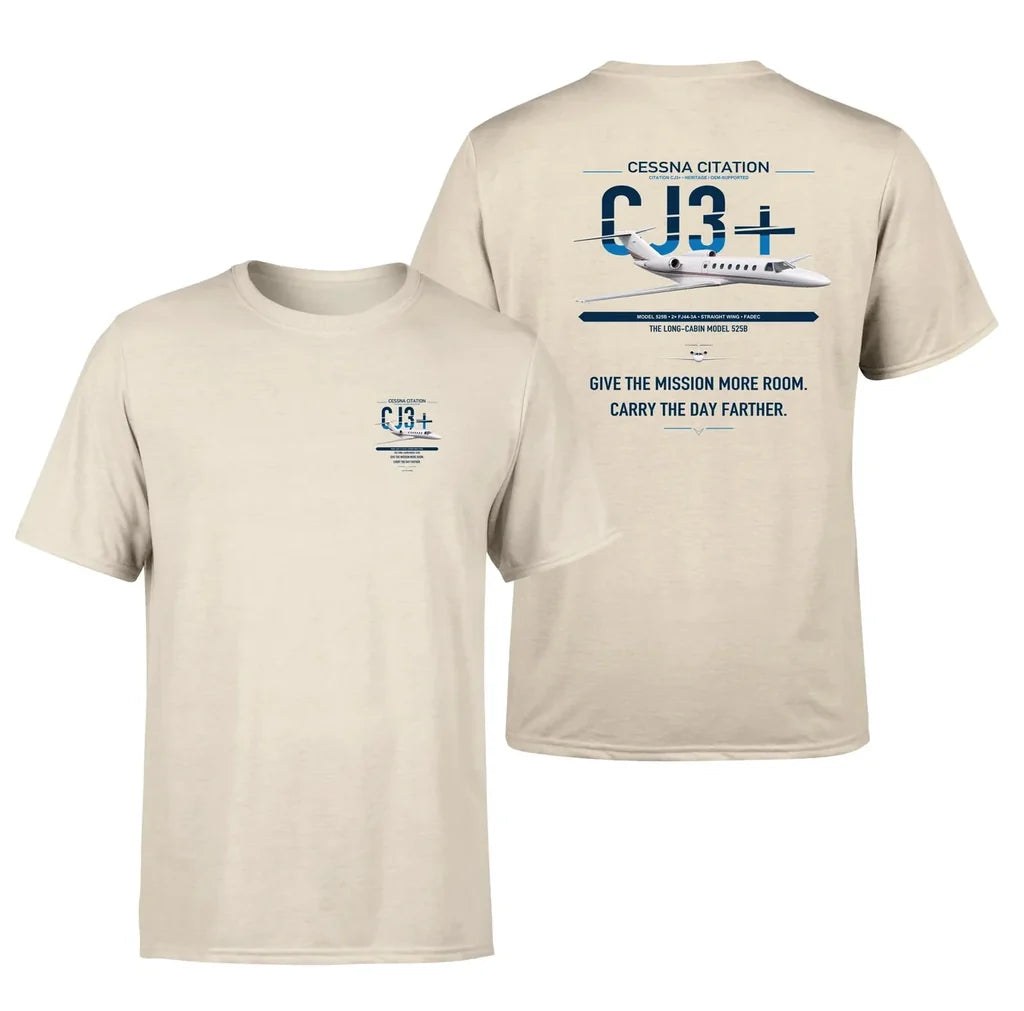 Cessna Citation CJ3+ design on beige double-side t-shirt, double-side print