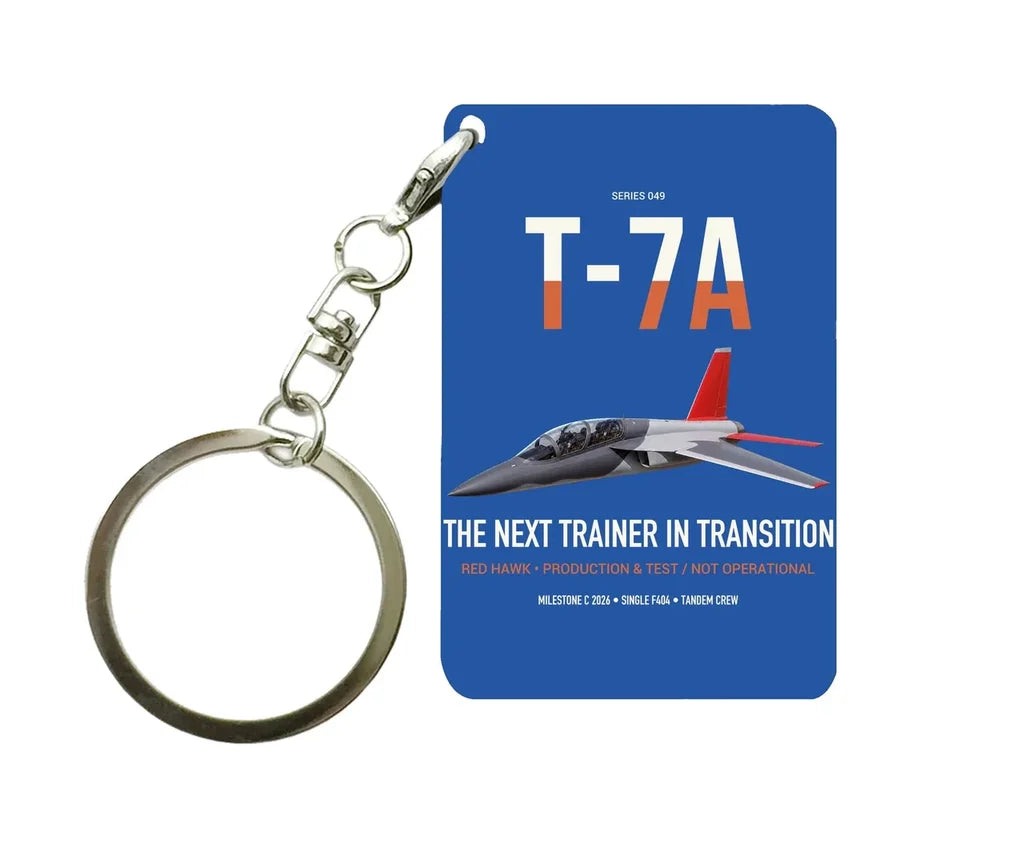 T-7A Red Hawk design on blue designed key chain, double-side print