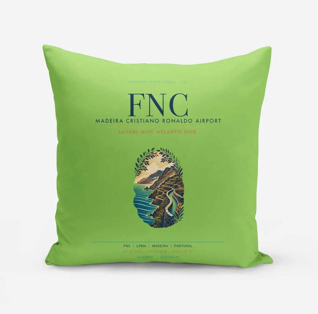 Madeira Cristiano Ronaldo Airport (FNC) design on light green pillow
