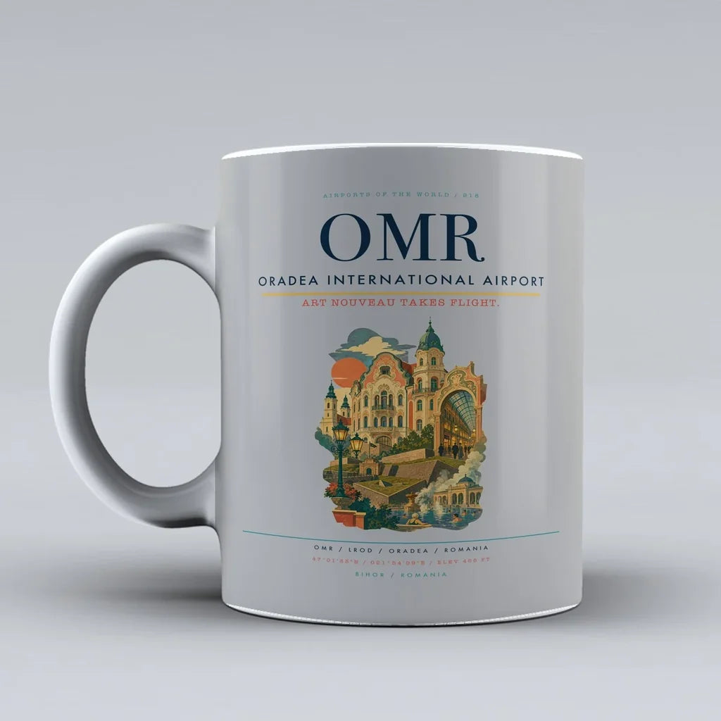 Oradea International Airport (OMR) airport code design on light gray ceramic mug