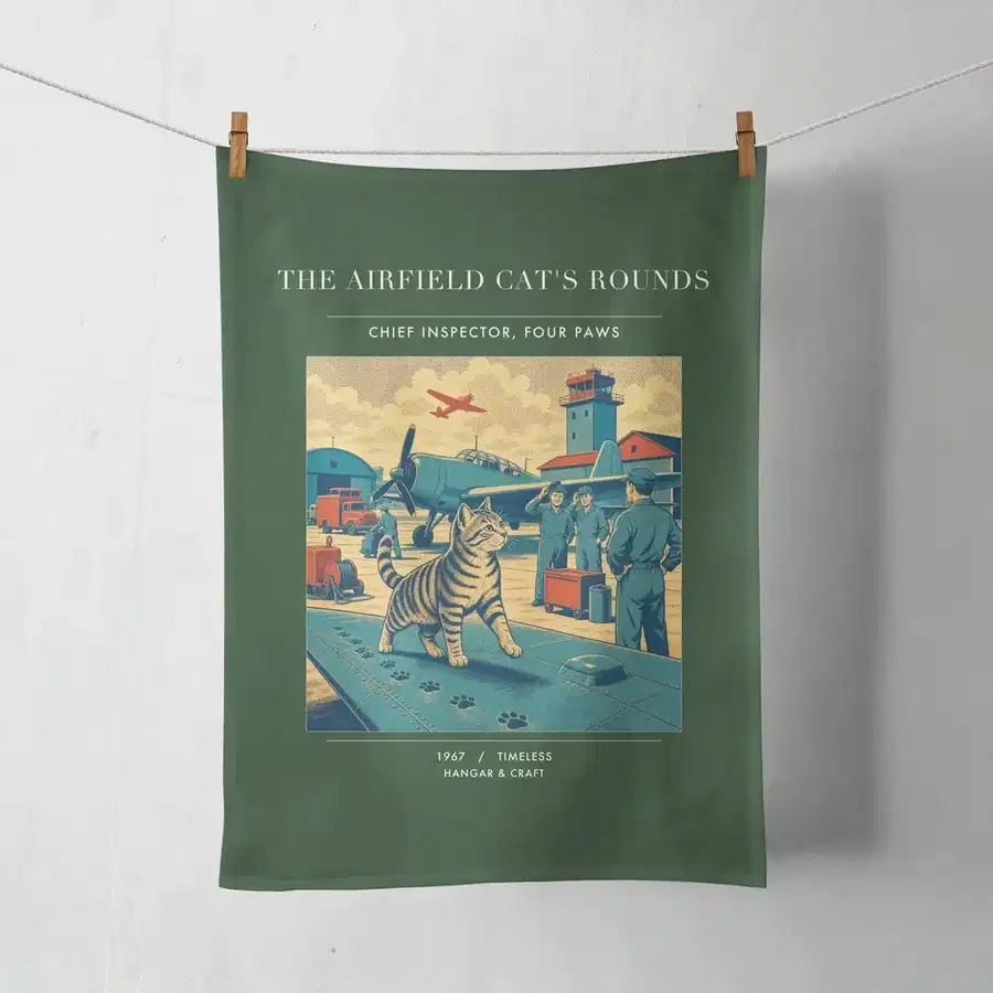 VINTAGE G4456 - The Airfield Cat's Rounds - Designed Towels design on darkgreen