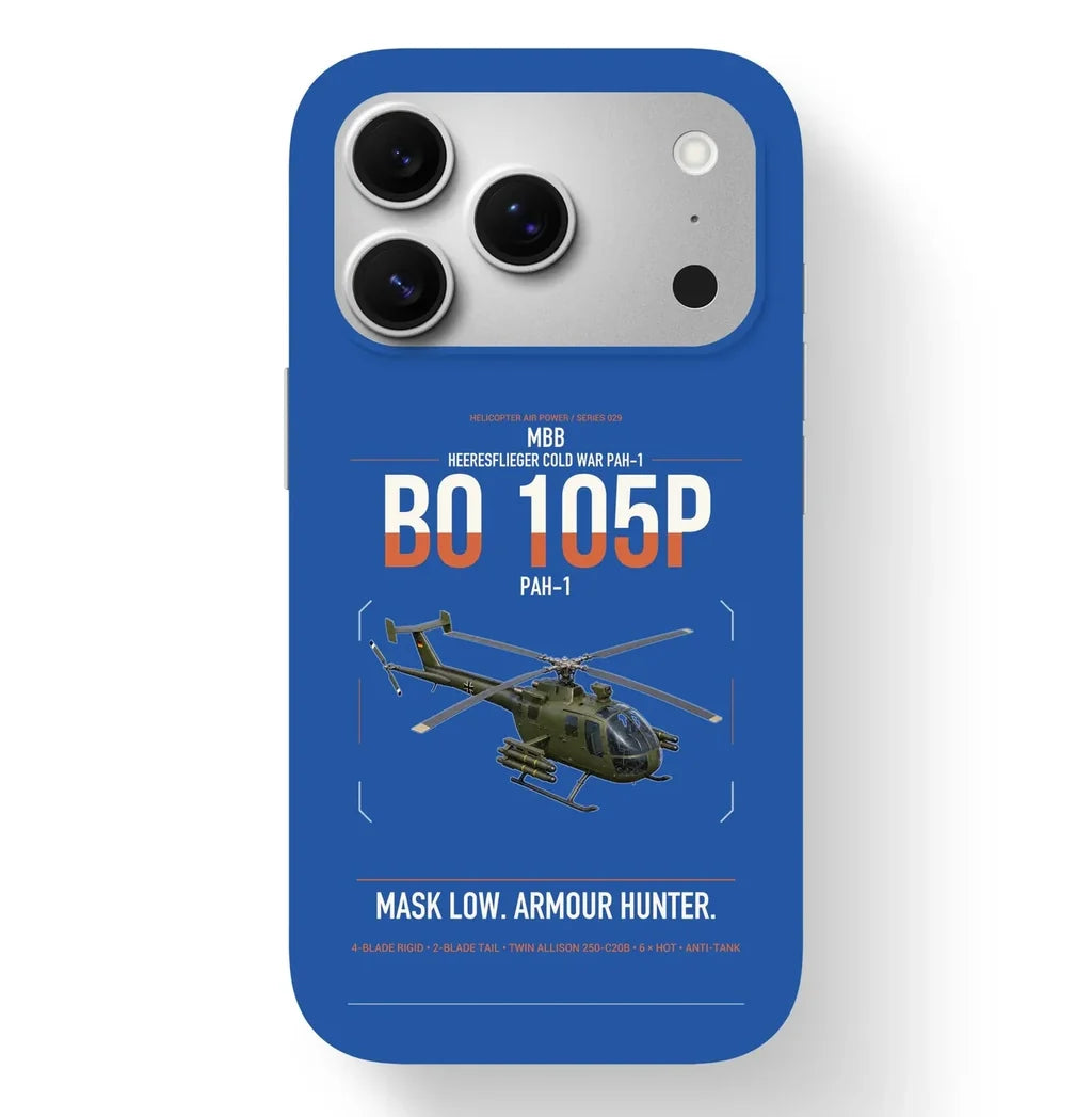 MBB BO 105P PAH-1 design on blue magsafe iphone case, for iPhone 17 Pro