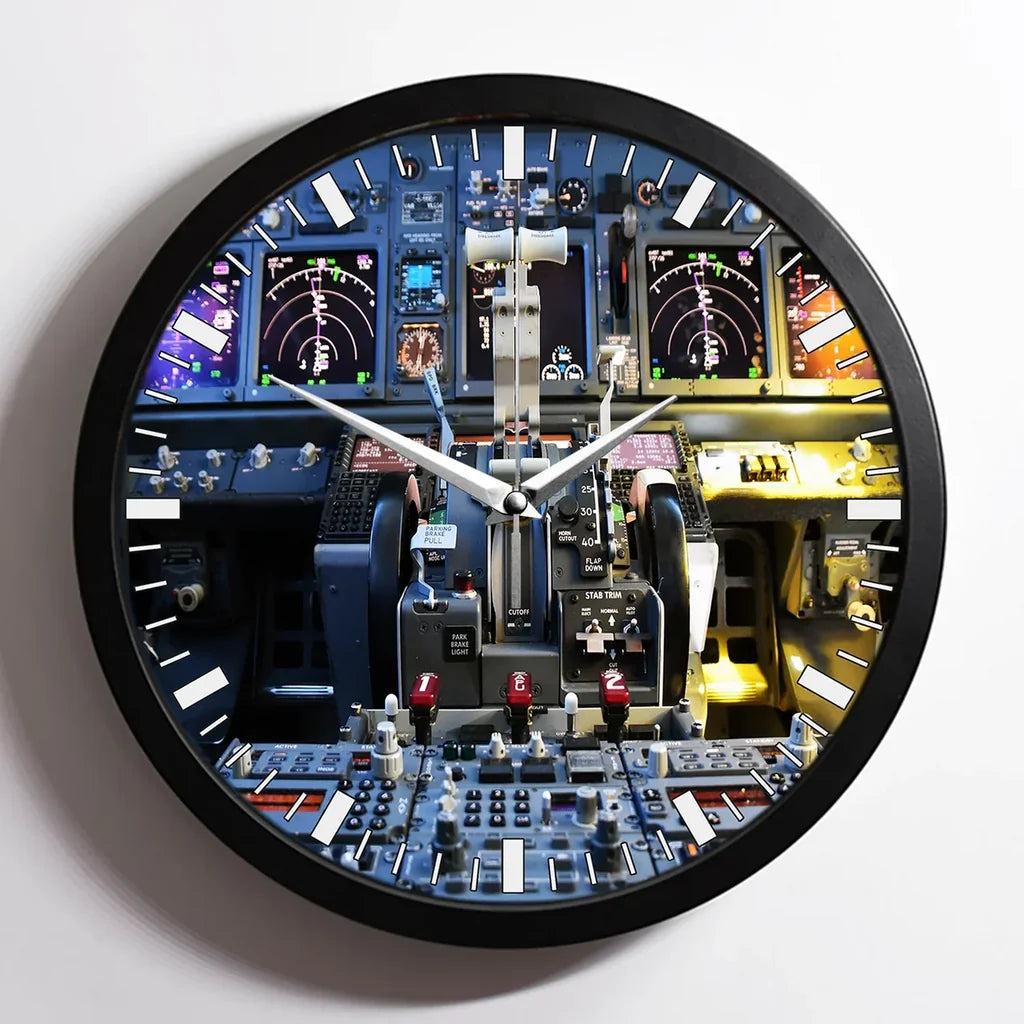 Boeing 737 Cockpit aviation design on premium wood and metal wall clock.