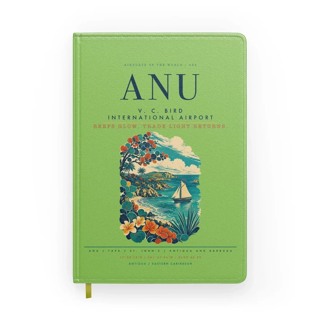V. C. Bird International Airport (ANU) design on light green notebook