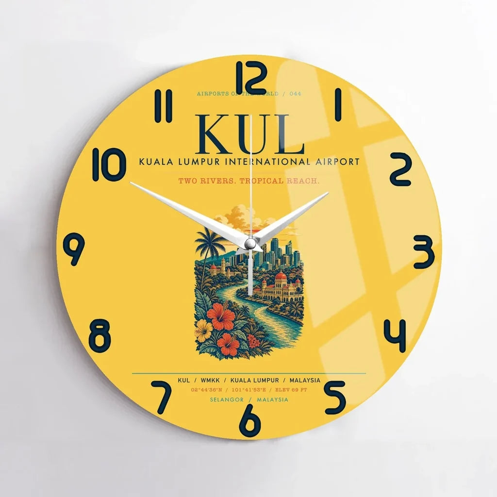Kuala Lumpur International Airport (KUL) design on yellow no frame wall clock