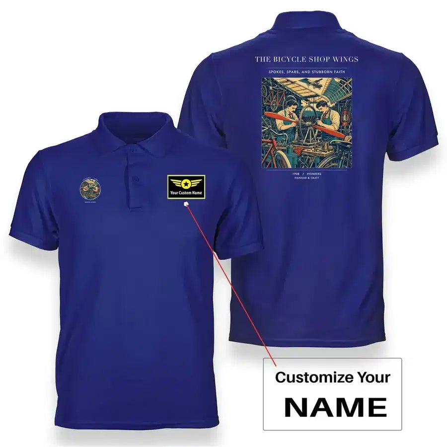 VINTAGE G4323 - The Bicycle Shop Wings - Double-Side Polo T-Shirt design on blue+name