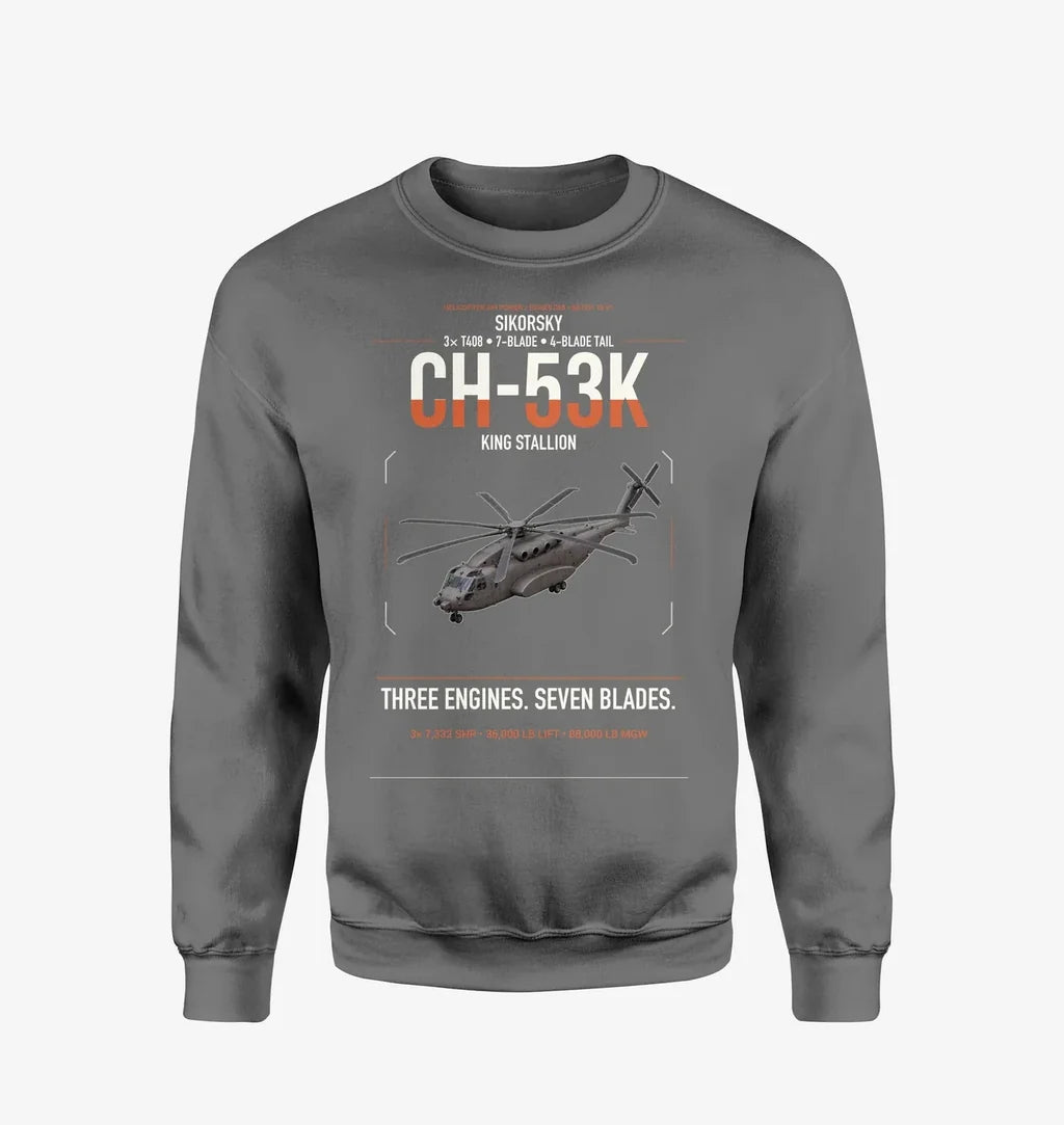 Sikorsky CH-53K King Stallion design on gray sweatshirt