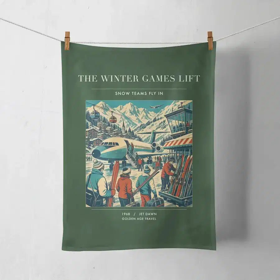 VINTAGE G4130 - The Winter Games Lift - Designed Towels design on darkgreen