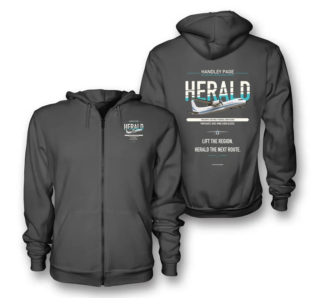 Handley Page HPR.7 Dart Herald design on dark gray zipped hoodie