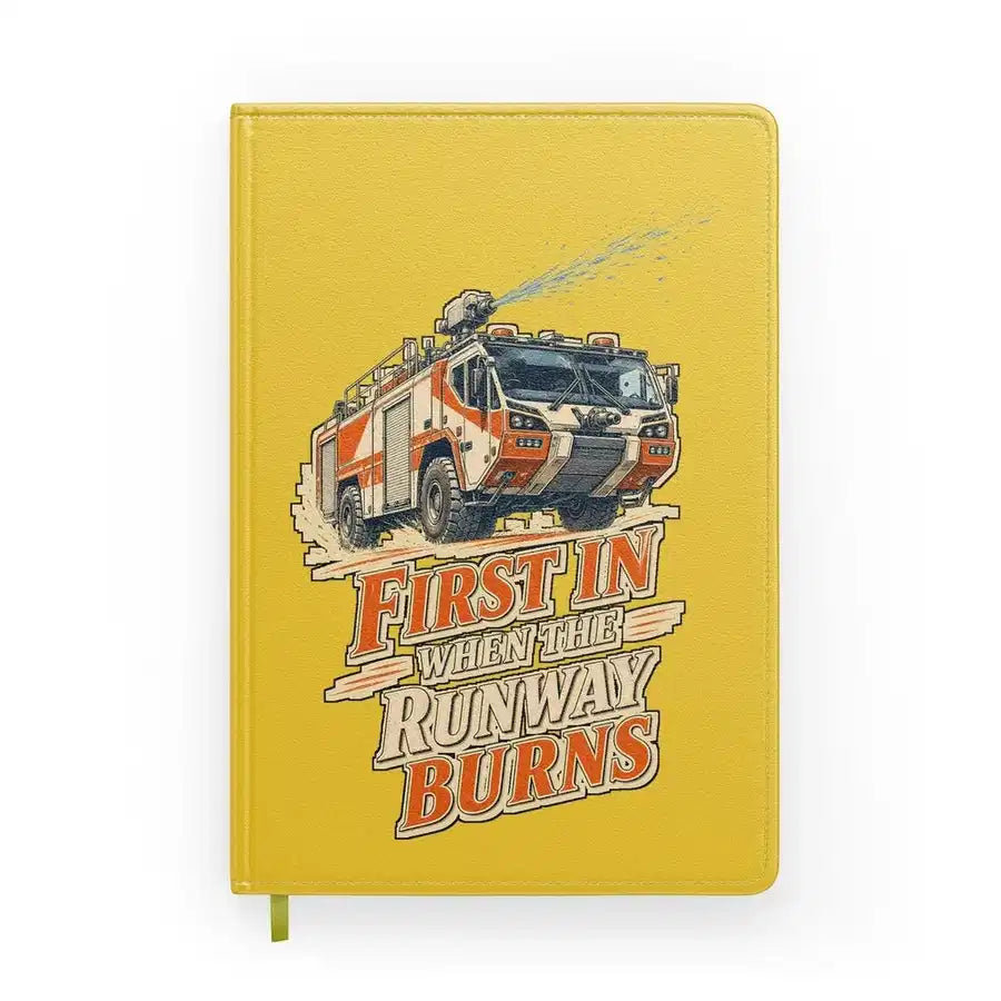 First In When The Runway Burns design on yellow notebook