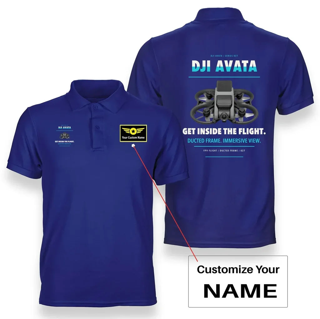DJI Avata design on blue polo with custom name badge