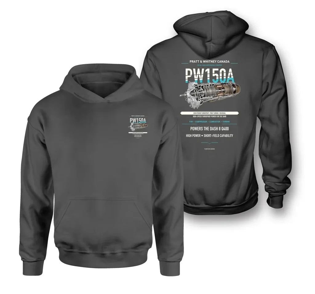 PW150A design on dark gray hoodie