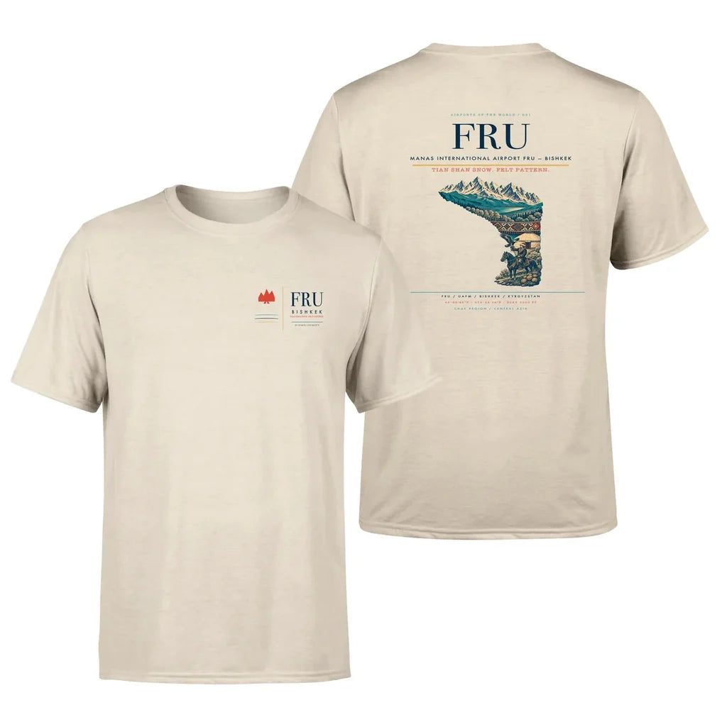 Manas International Airport (FRU) design printed on beige double-side t-shirt