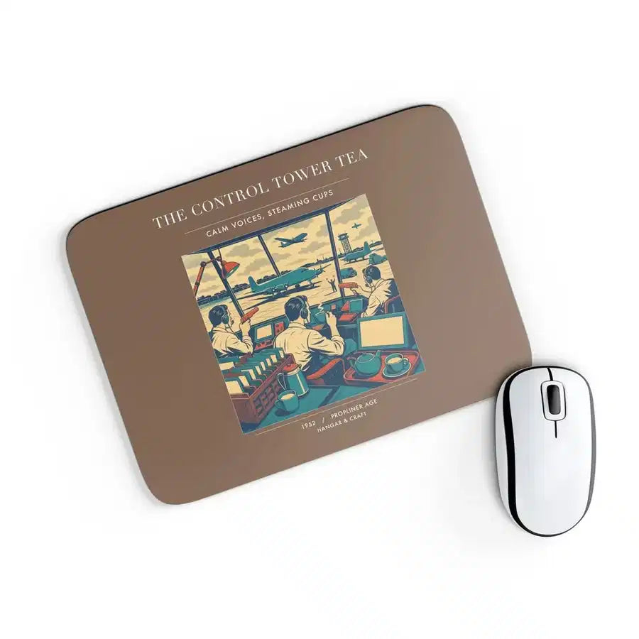 VINTAGE G4375 - The Control Tower Tea - Designed Mouse Pads design on brown rectangle