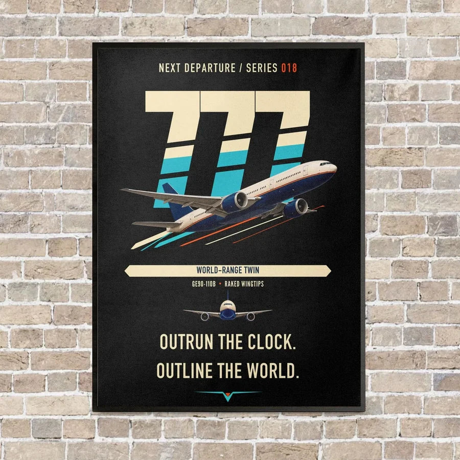 Boeing 777-200LR vertical canvas print - framed - black background