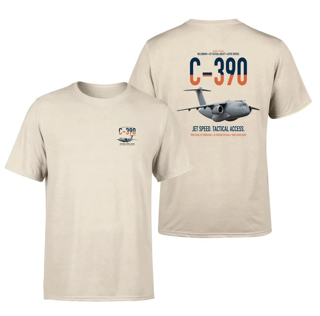 C-390 Millennium design on beige double-side t-shirt, double-side print