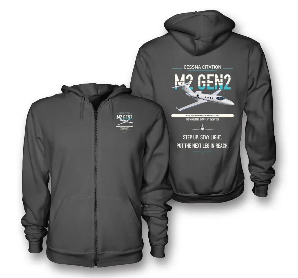 Cessna Citation M2 Gen2 design on dark gray premium zipped hoodie, double-side print