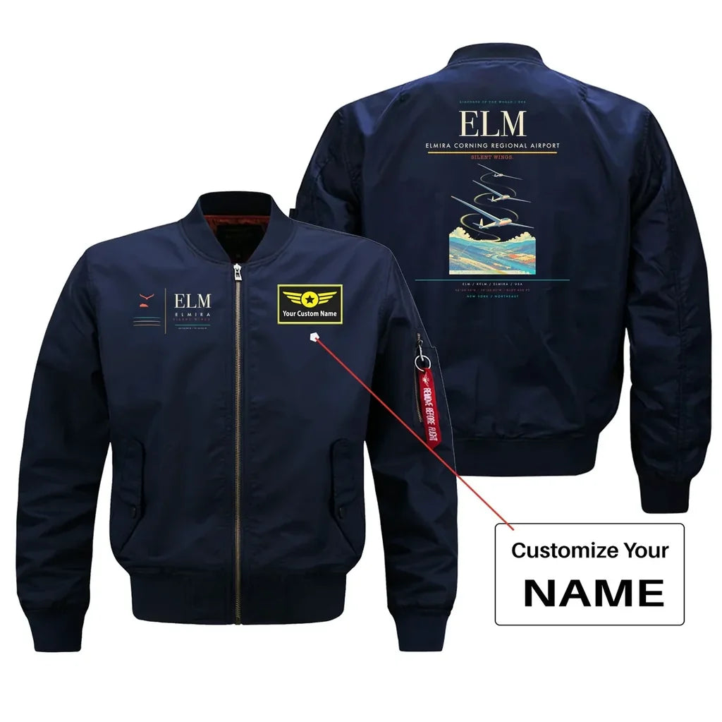 Elmira Corning Regional Airport (ELM) design on blue bomber jacket with custom name patch