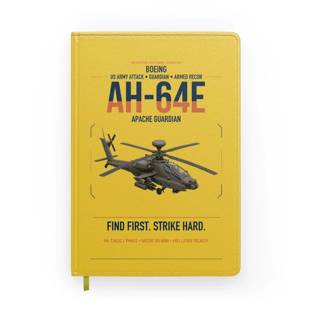 Boeing AH-64E Apache Guardian design on yellow notebook