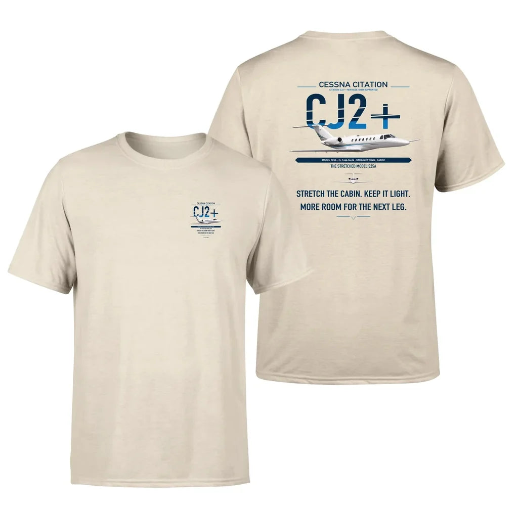 Cessna Citation CJ2+ design on beige double-side t-shirt, double-side print
