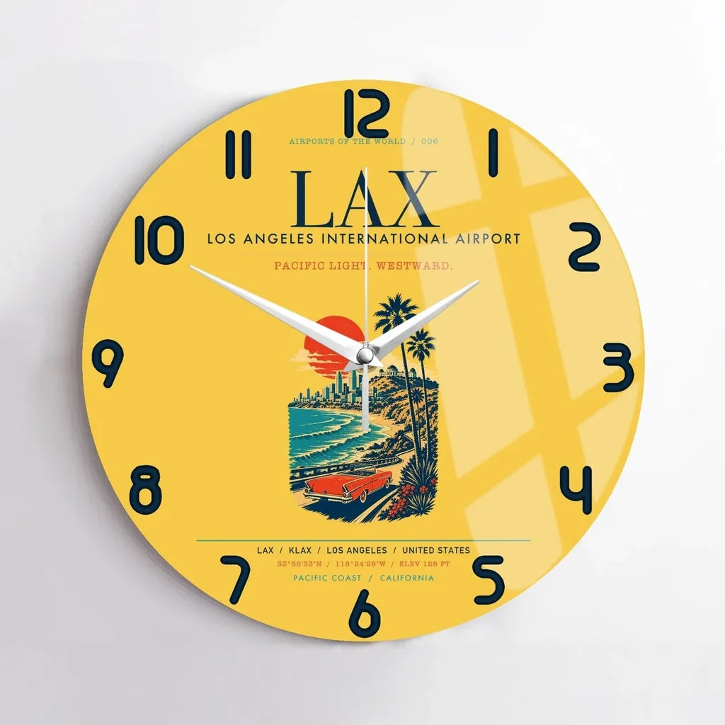 Los Angeles International Airport (LAX) design on yellow no frame wall clock