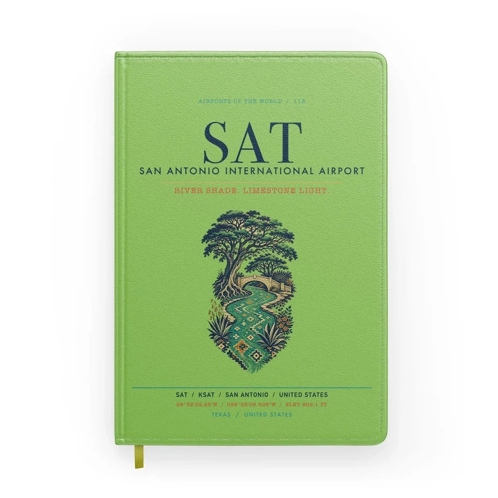 San Antonio International Airport (SAT) design on light green notebook